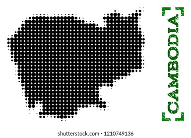 Halftone map of Cambodia and rubber caption. Vector green title with corners and corroded rubber texture. Halftone map of Cambodia designed with black pattern of circles.