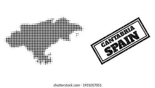 Halftone map of Cantabria Province, and rubber seal. Halftone map of Cantabria Province made with small black spheric pixels. Vector seal with grunge style, double framed rectangle, in black color.