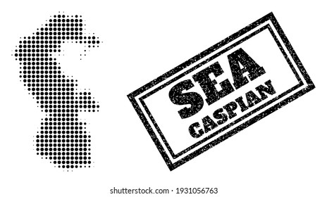 Halftone map of Caspian Sea, and scratched stamp. Halftone map of Caspian Sea generated with small black circle items. Vector seal with scratched style, double framed rectangle, in black color.