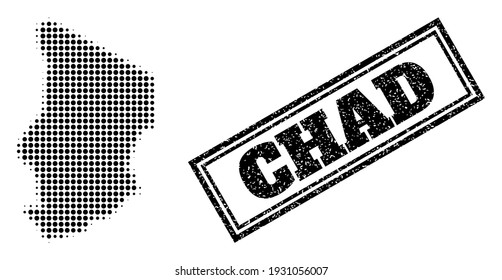 Halftone Karte des Tschad, und gekratzte Robbe. Halftone Karte des Tschad mit kleinen schwarzen Kugelpunkten. Vektorsiegel mit Grunge-Stil, doppelgerahmtes Rechteck, in schwarzer Farbe.