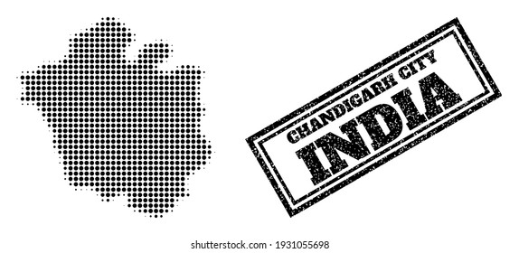 Halftone map of Chandigarh City, and unclean seal. Halftone map of Chandigarh City designed with small black round elements. Vector seal with unclean style, double framed rectangle, in black color.