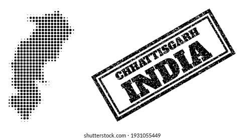 Halftone map of Chhattisgarh State, and unclean watermark. Halftone map of Chhattisgarh State designed with small black spheric points. Vector watermark with unclean style, double framed rectangle,