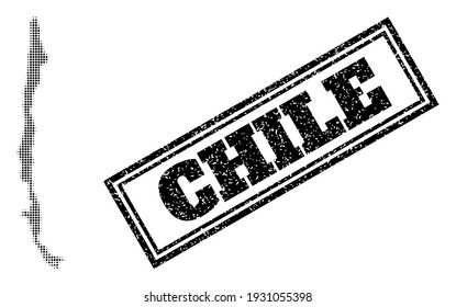 Halftone map of Chile, and unclean seal. Halftone map of Chile designed with small black round elements. Vector seal with retro style, double framed rectangle, in black color.