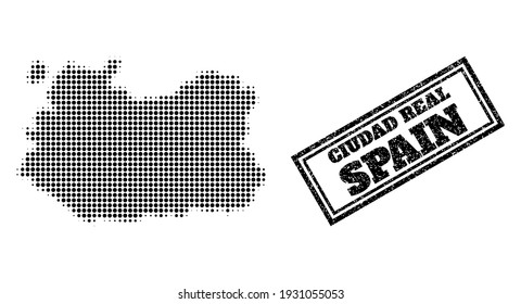 Halftone map of Ciudad Real Province, and textured seal stamp. Halftone map of Ciudad Real Province made with small black spheric pixels. Vector seal with retro style, double framed rectangle,