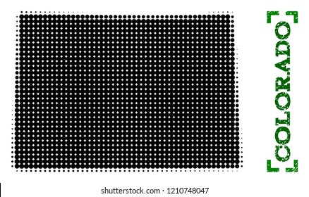 Halftone map of Colorado State and rubber caption. Vector green title with corners and unclean rubber texture. Halftone map of Colorado State constructed with black pattern of circles.