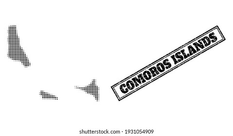 Halftone map of Comoros Islands, and grunge seal stamp. Halftone map of Comoros Islands made with small black spheric elements. Vector seal with grunge style, double framed rectangle, in black color.