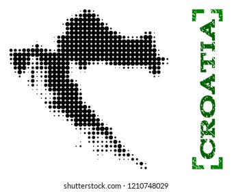 Halftone map of Croatia and rubber caption. Vector green title with corners and retro rubber texture. Halftone map of Croatia constructed with black pattern of circles.