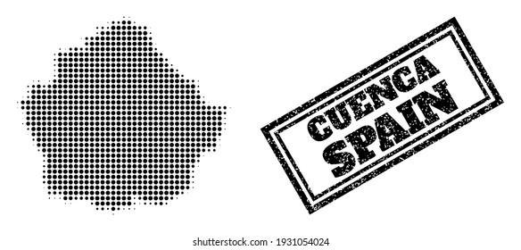Halftone map of Cuenca Province, and scratched seal stamp. Halftone map of Cuenca Province made with small black circle items. Vector seal with retro style, double framed rectangle, in black color.