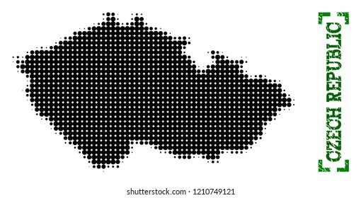 Halftone map of Czech Republic and rubber caption. Vector green title with corners and distress rubber texture. Halftone map of Czech Republic constructed with black pattern of circles.