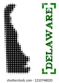 Halftone map of Delaware State and corroded caption. Vector green title with corners and corroded rubber texture. Halftone map of Delaware State constructed with black pattern of circles.