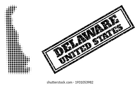 Halftone Karte von Delaware State, und strukturierte Robbe. Halftone Karte des Delaware-Staates mit kleinen schwarzen runden Elementen. Vektordichtung mit gekratztem Stil, doppelgerahmtes Rechteck, in schwarzer Farbe.