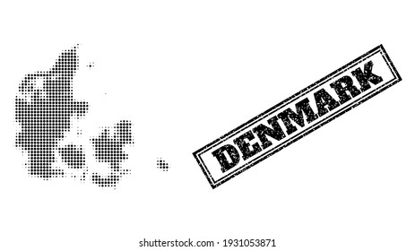 Halftone map of Denmark, and grunge stamp. Halftone map of Denmark constructed with small black circle elements. Vector watermark with grunge style, double framed rectangle, in black color.