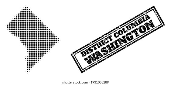 Mapa de semitono del distrito de Columbia y marca de agua texturada. Mapa de semitono del distrito de Columbia generado con pequeños elementos de círculo negro. Marca de agua vectorial con estilo de grunge, rectángulo doble enmarcado,