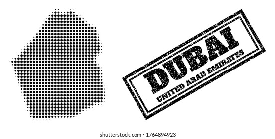 Halftone map of Dubai Emirate, and scratched seal. Halftone map of Dubai Emirate designed with small black spheric points. Vector seal with unclean style, double framed rectangle, in black color.