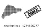 Halftone map of Easter Island, and rubber seal stamp. Halftone map of Easter Island generated with small black spheric elements. Vector seal with corroded style, double framed rectangle,