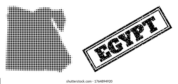 Mapa de semitono de Egipto, y sello impuro. Mapa de semitono de Egipto construido con pequeños elementos esféricos negros. Sello vectorial con estilo grunge, rectángulo doble enmarcado, en color negro.