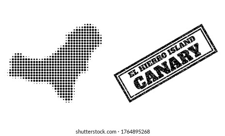Halftone map of El Hierro Island, and grunge seal. Halftone map of El Hierro Island constructed with small black circle dots. Vector seal with distress style, double framed rectangle, in black color.