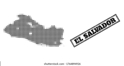 Halftone map of El Salvador, and scratched seal. Halftone map of El Salvador generated with small black circle elements. Vector seal with scratched style, double framed rectangle, in black color.