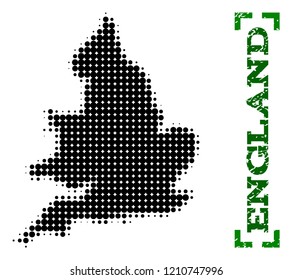 Halftone map of England and rubber caption. Vector green title with corners and unclean rubber texture. Halftone map of England constructed with black pattern of circles.