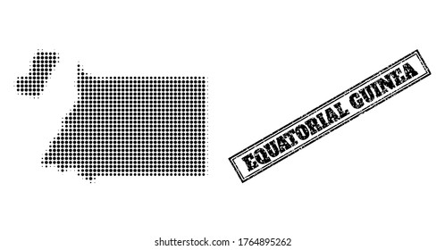 Halftone map of Equatorial Guinea, and unclean watermark. Halftone map of Equatorial Guinea made with small black circle dots. Vector watermark with unclean style, double framed rectangle,