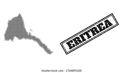 Halftone map of Eritrea, and grunge seal stamp. Halftone map of Eritrea designed with small black round elements. Vector seal with grunge style, double framed rectangle, in black color.