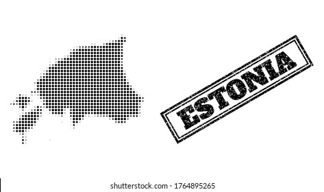 Halftone map of Estonia, and unclean seal. Halftone map of Estonia generated with small black round pixels. Vector seal with grunge style, double framed rectangle, in black color.