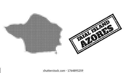 Halftone map of Faial Island, and textured seal stamp. Halftone map of Faial Island designed with small black spheric elements. Vector seal with unclean style, double framed rectangle, in black color.