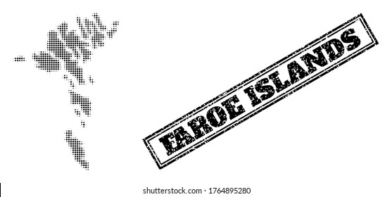 Halftone map of Faroe Islands, and grunge seal stamp. Halftone map of Faroe Islands made with small black spheric elements. Vector seal with distress style, double framed rectangle, in black color.