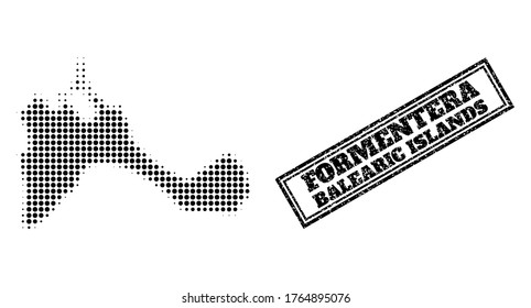 Halftone map of Formentera Island, and textured seal stamp. Halftone map of Formentera Island made with small black spheric items. Vector seal with corroded style, double framed rectangle,