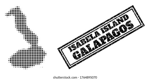 Halftone map of Galapagos - Isabela Island, and grunge watermark. Halftone map of Galapagos - Isabela Island generated with small black circle elements. Vector watermark with retro style,