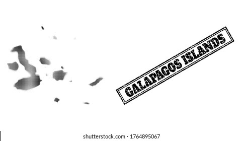 Halftone map of Galapagos Islands, and grunge seal. Halftone map of Galapagos Islands constructed with small black round points. Vector seal with grunge style, double framed rectangle, in black color.