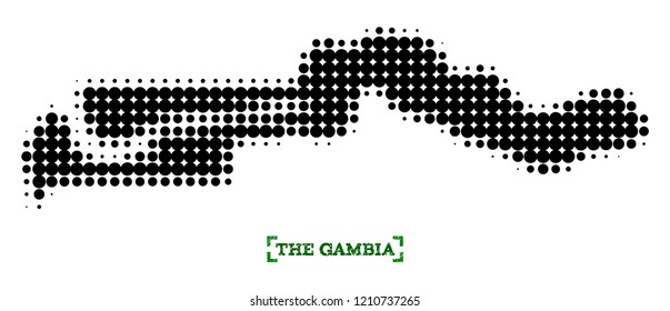 Halftone map of the Gambia and grunge caption. Vector green title with corners and grunge rubber texture. Halftone map of the Gambia designed with black pattern of circles.