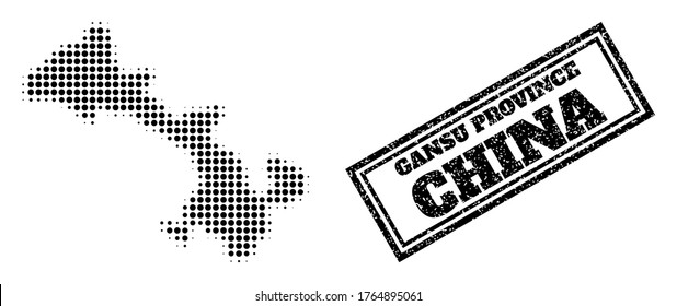 Halftone map of Gansu Province, and unclean seal stamp. Halftone map of Gansu Province generated with small black spheric elements. Vector seal with scratched style, double framed rectangle,