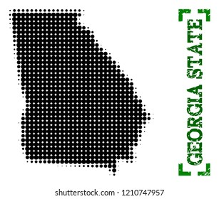 Halftone map of Georgia State and rubber caption. Vector green title with corners and retro rubber texture. Halftone map of Georgia State designed with black pattern of circles.