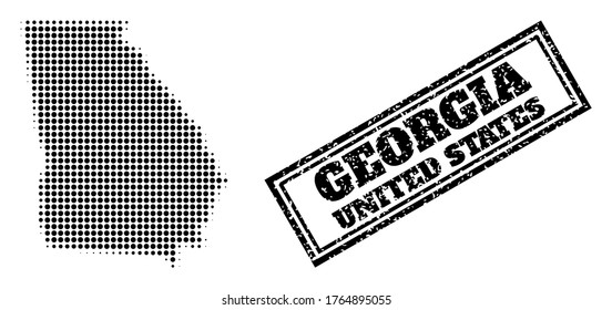 Halftone map of Georgia State, and rubber seal. Halftone map of Georgia State designed with small black spheric dots. Vector seal with retro style, double framed rectangle, in black color.