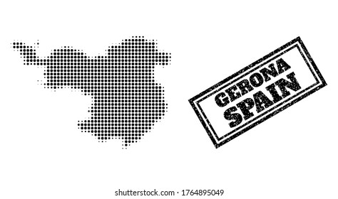Halftone map of Gerona Province, and rubber seal. Halftone map of Gerona Province designed with small black circle items. Vector seal with scratched style, double framed rectangle, in black color.