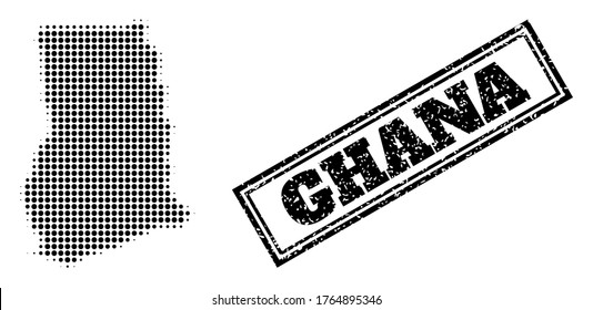 Halftone map of Ghana, and grunge stamp. Halftone map of Ghana made with small black round elements. Vector seal with grunge style, double framed rectangle, in black color.