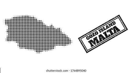 Halftone map of Gozo Island, and unclean stamp. Halftone map of Gozo Island generated with small black spheric dots. Vector imprint with unclean style, double framed rectangle, in black color.