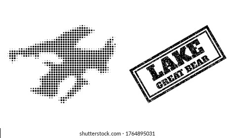 Halftone map of Great Bear Lake, and unclean watermark. Halftone map of Great Bear Lake constructed with small black spheric items. Vector imprint with unclean style, double framed rectangle,