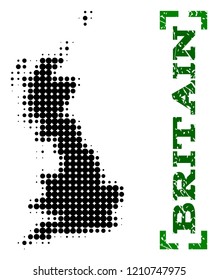 Halftone map of Great Britain and scratched caption. Vector green title with corners and scratched rubber texture. Halftone map of Great Britain constructed with black pattern of circles.