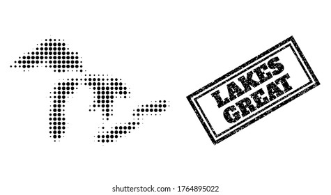 Halftone map of Great Lakes, and grunge stamp. Halftone map of Great Lakes generated with small black round elements. Vector watermark with grunge style, double framed rectangle, in black color.
