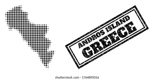Halftone map of Greece - Andros Island, and rubber seal stamp. Halftone map of Greece - Andros Island made with small black round elements. Vector seal with unclean style, double framed rectangle,