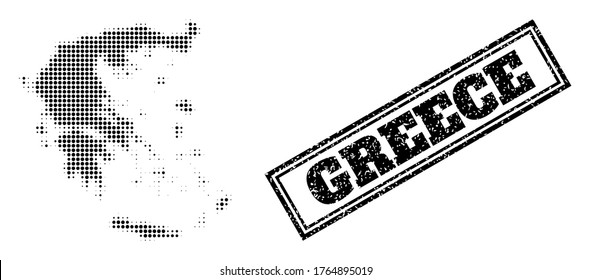 Halftone map of Greece, and scratched seal stamp. Halftone map of Greece made with small black spheric points. Vector seal with unclean style, double framed rectangle, in black color.