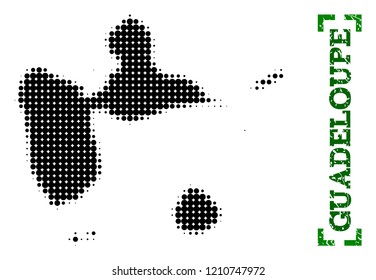 Halftone map of Guadeloupe and rubber caption. Vector green title with corners and scratched rubber texture. Halftone map of Guadeloupe constructed with black pattern of circles.