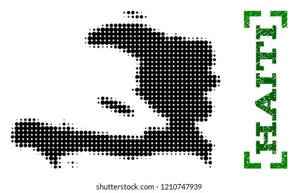 Halftone map of Haiti and rubber caption. Vector green title with corners and scratched rubber texture. Halftone map of Haiti constructed with black pattern of circles.