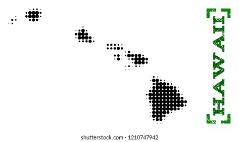 Halftone map of Hawaii State and rubber caption. Vector green title with corners and distress rubber texture. Halftone map of Hawaii State designed with black pattern of circles.