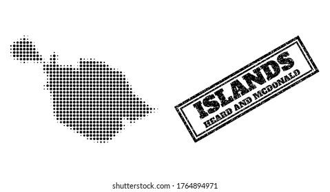 Halftone map of Heard and McDonald Islands, and unclean watermark. Halftone map of Heard and McDonald Islands designed with small black circle dots. Vector watermark with grunge style,