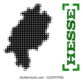 Halftone map of Hesse State and rubber caption. Vector green title with corners and scratched rubber texture. Halftone map of Hesse State constructed with black pattern of circles.