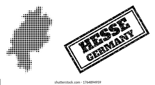 Halftone map of Hesse State, and rubber watermark. Halftone map of Hesse State constructed with small black circle points. Vector watermark with distress style, double framed rectangle,