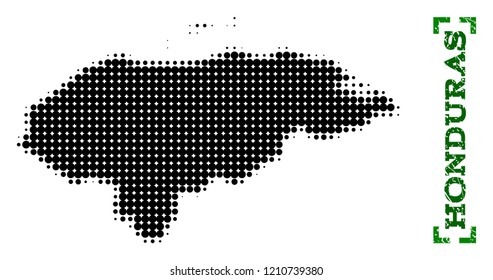 Halftone map of Honduras and textured caption. Vector green title with corners and corroded rubber texture. Halftone map of Honduras constructed with black pattern of circles.
